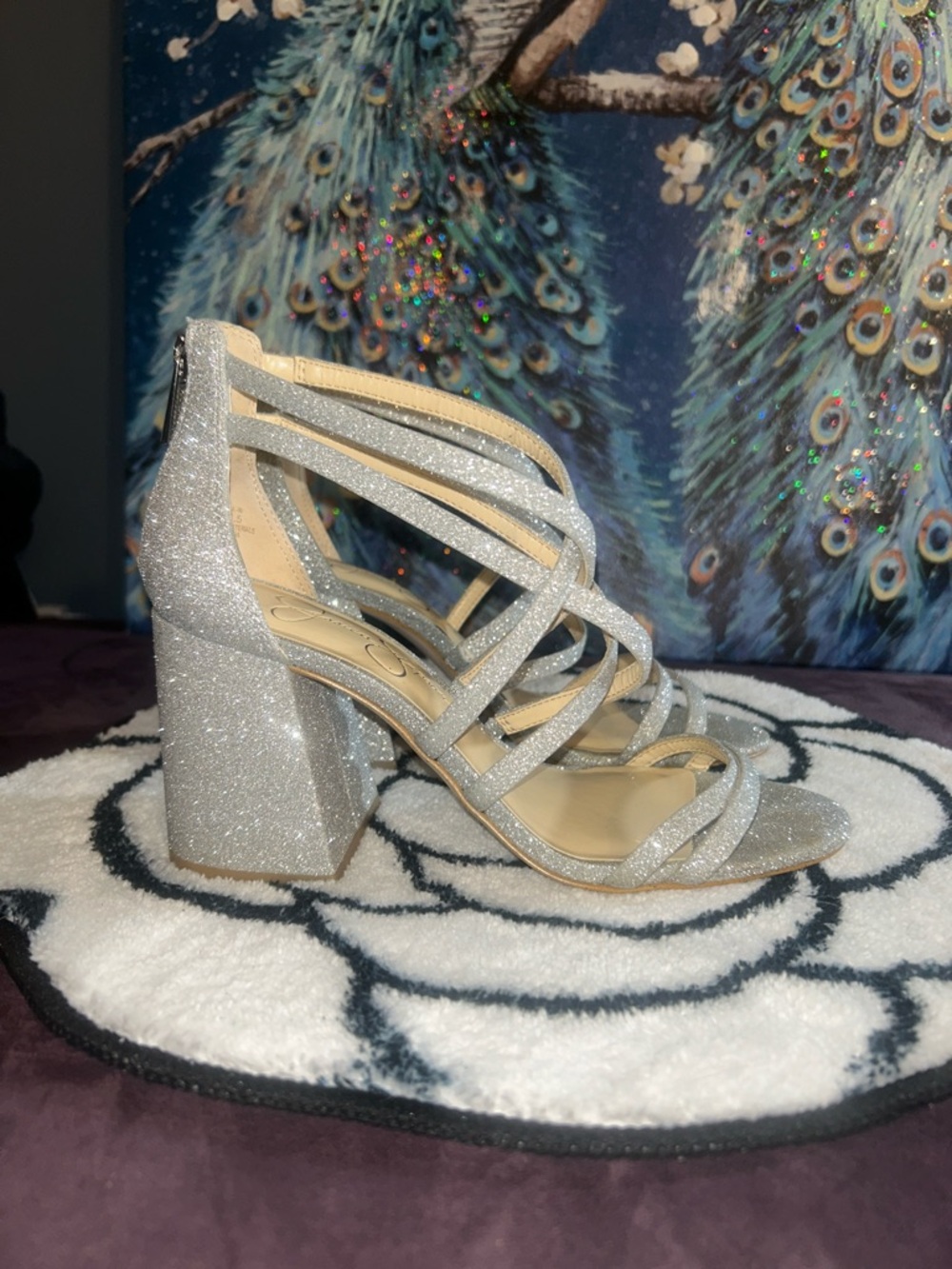Jessica Simpson Silver Glitter Strappy Block Heel Sandals Size 7